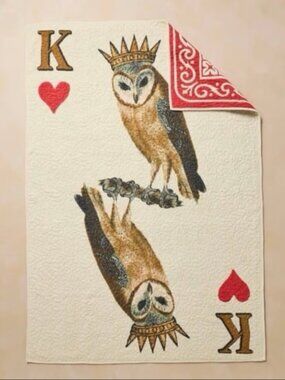 John Derian Reversable King of Hearts Owl Card Quilt NWOT